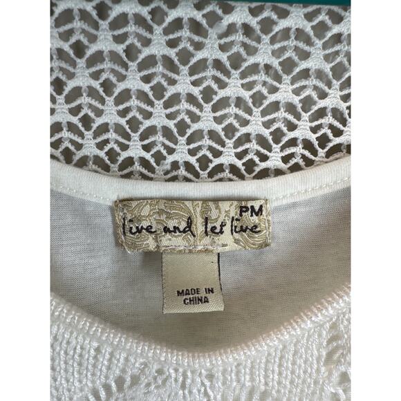 Live And Let Live Top Tunic White Gauze Crochet Shirt Hippie LS Petite Size‎ PM - Picture 2 of 4